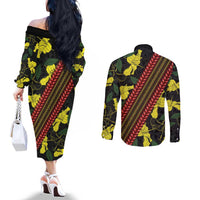 Samoan Culture Couples Matching Off The Shoulder Long Sleeve Dress and Long Sleeve Button Shirt Hibiscus and Ula Fala with Tapa Pattern Black Color LT03 - Polynesian Pride