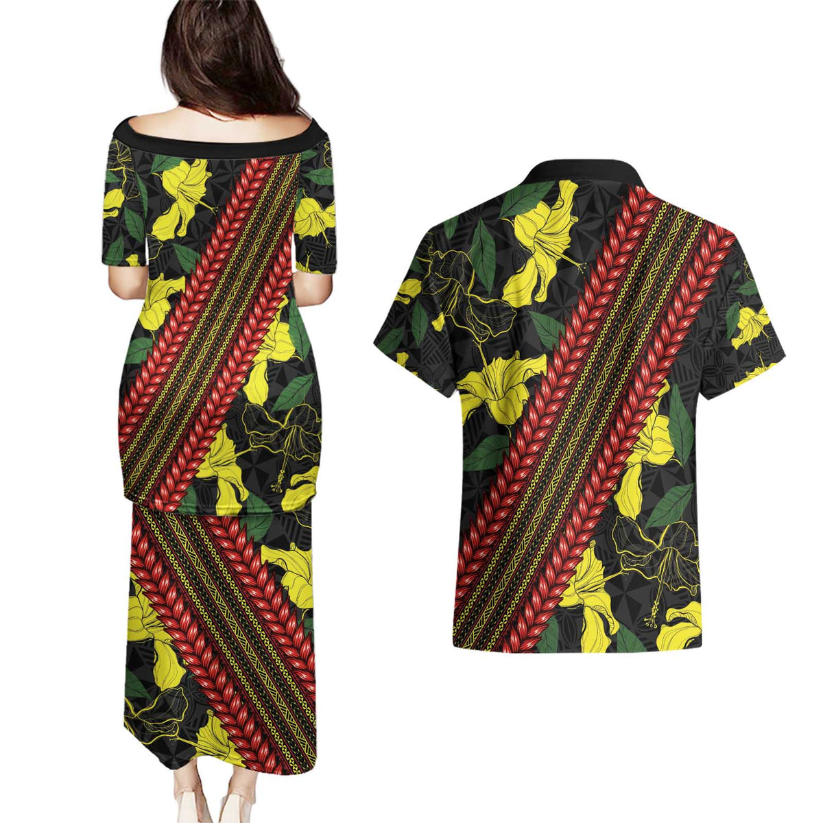Samoan Culture Couples Matching Puletasi and Hawaiian Shirt Hibiscus and Ula Fala with Tapa Pattern Black Color LT03 - Polynesian Pride
