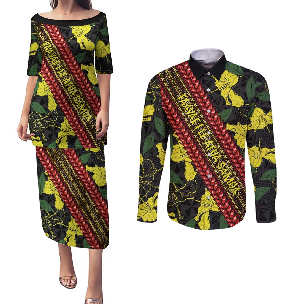 Samoan Culture Couples Matching Puletasi and Long Sleeve Button Shirt Hibiscus and Ula Fala with Tapa Pattern Black Color LT03 Black - Polynesian Pride