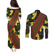 Samoan Culture Couples Matching Puletasi and Long Sleeve Button Shirt Hibiscus and Ula Fala with Tapa Pattern Black Color LT03 - Polynesian Pride