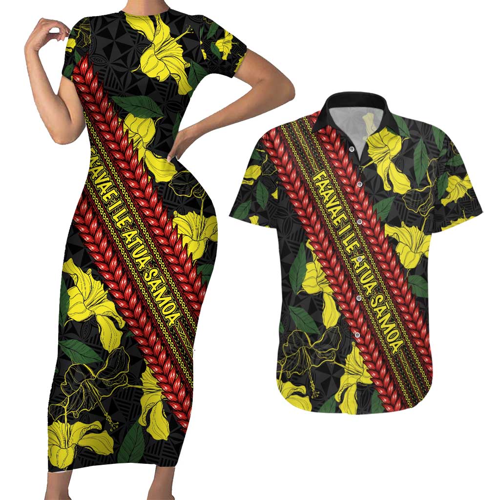 Samoan Culture Couples Matching Short Sleeve Bodycon Dress and Hawaiian Shirt Hibiscus and Ula Fala with Tapa Pattern Black Color LT03 Black - Polynesian Pride