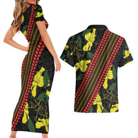 Samoan Culture Couples Matching Short Sleeve Bodycon Dress and Hawaiian Shirt Hibiscus and Ula Fala with Tapa Pattern Black Color LT03 - Polynesian Pride