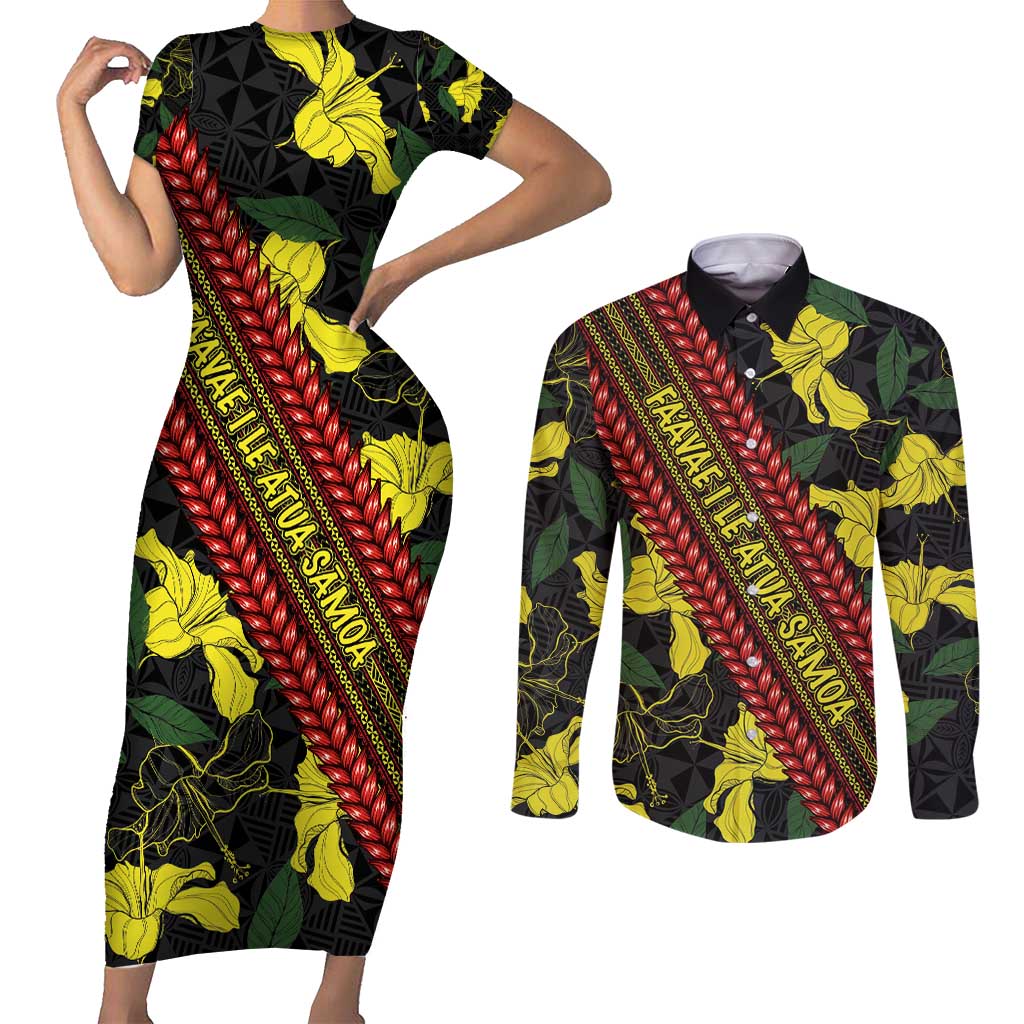 Samoan Culture Couples Matching Short Sleeve Bodycon Dress and Long Sleeve Button Shirt Hibiscus and Ula Fala with Tapa Pattern Black Color LT03 Black - Polynesian Pride