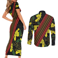 Samoan Culture Couples Matching Short Sleeve Bodycon Dress and Long Sleeve Button Shirt Hibiscus and Ula Fala with Tapa Pattern Black Color LT03 - Polynesian Pride