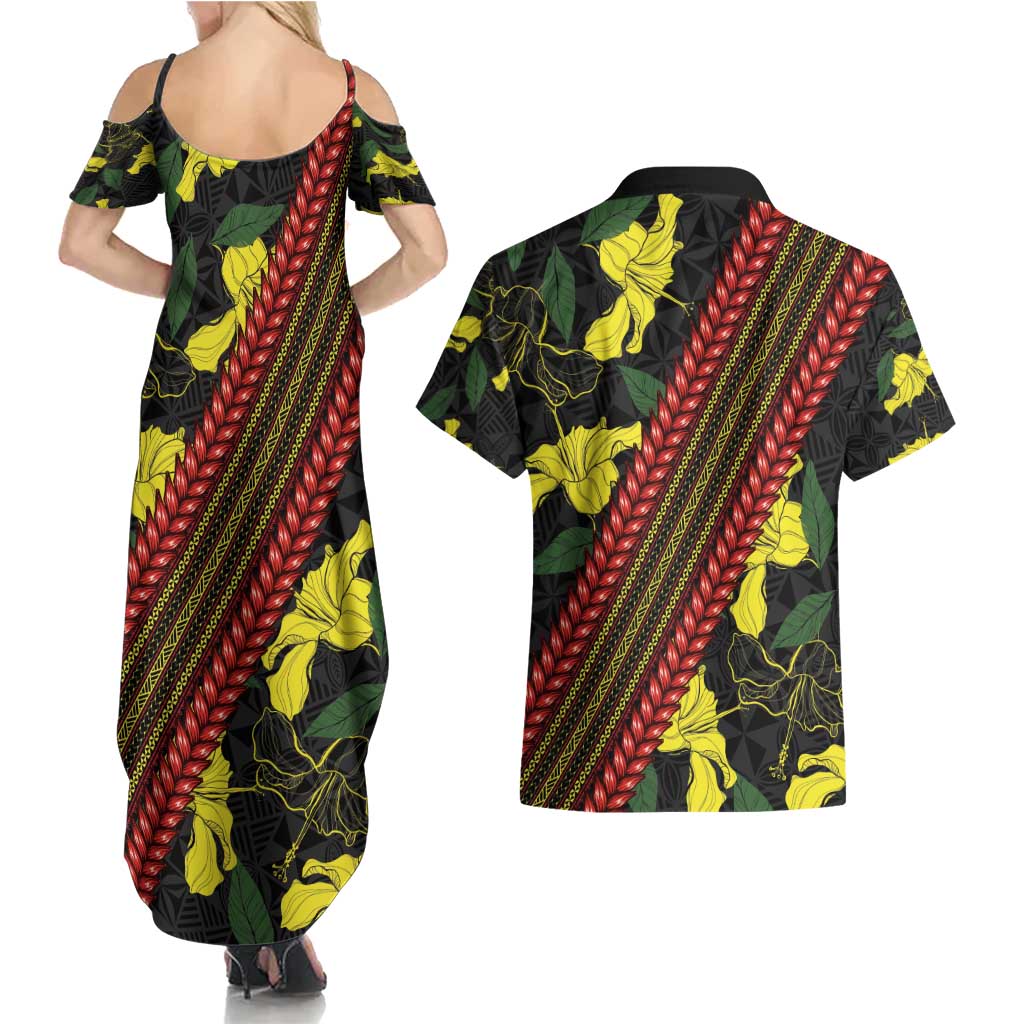 Samoan Culture Couples Matching Summer Maxi Dress and Hawaiian Shirt Hibiscus and Ula Fala with Tapa Pattern Black Color LT03 - Polynesian Pride