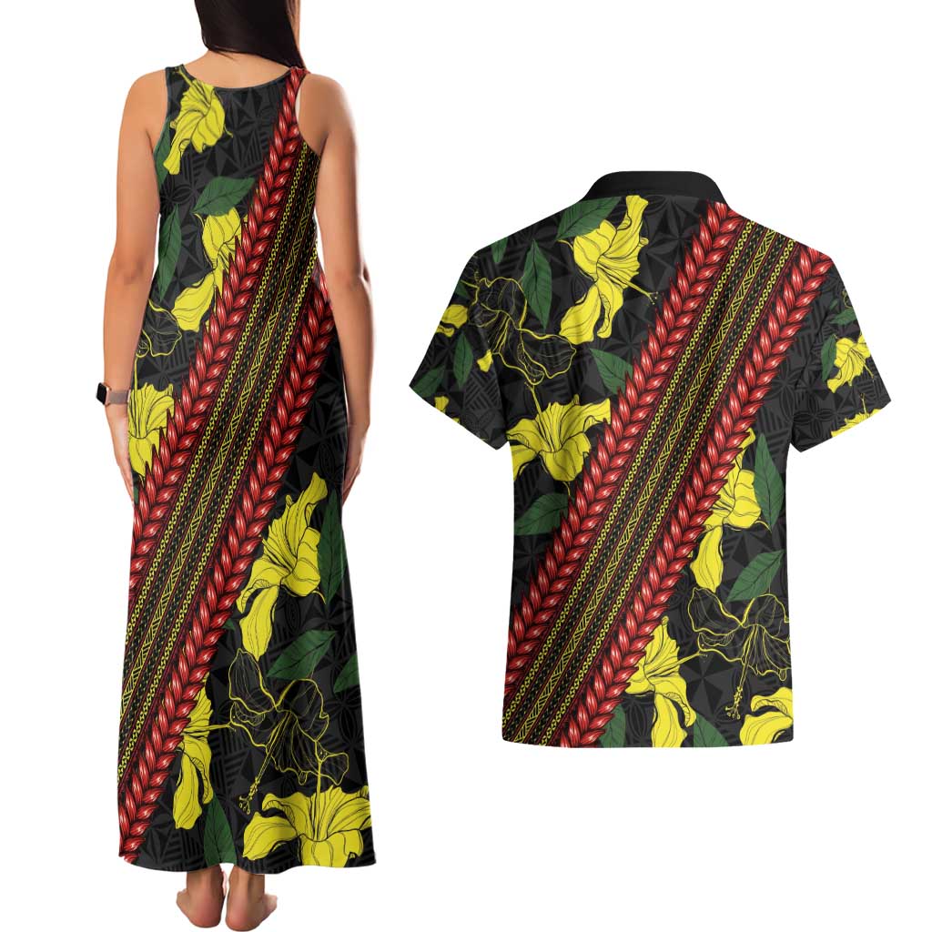 Samoan Culture Couples Matching Tank Maxi Dress and Hawaiian Shirt Hibiscus and Ula Fala with Tapa Pattern Black Color LT03 - Polynesian Pride