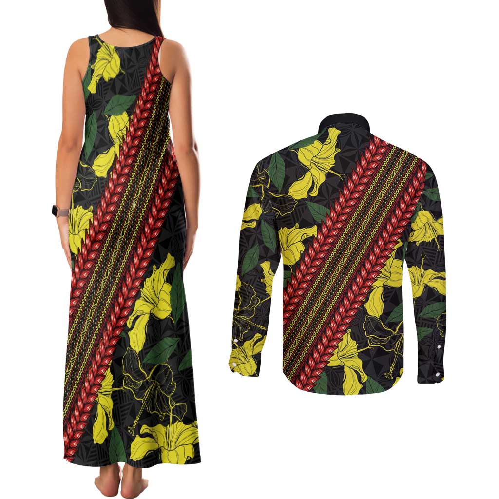 Samoan Culture Couples Matching Tank Maxi Dress and Long Sleeve Button Shirt Hibiscus and Ula Fala with Tapa Pattern Black Color LT03 - Polynesian Pride