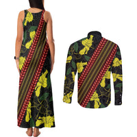 Samoan Culture Couples Matching Tank Maxi Dress and Long Sleeve Button Shirt Hibiscus and Ula Fala with Tapa Pattern Black Color LT03 - Polynesian Pride