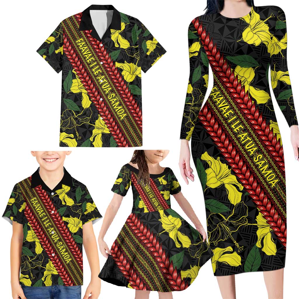 Samoan Culture Family Matching Long Sleeve Bodycon Dress and Hawaiian Shirt Hibiscus and Ula Fala with Tapa Pattern Black Color LT03 - Polynesian Pride