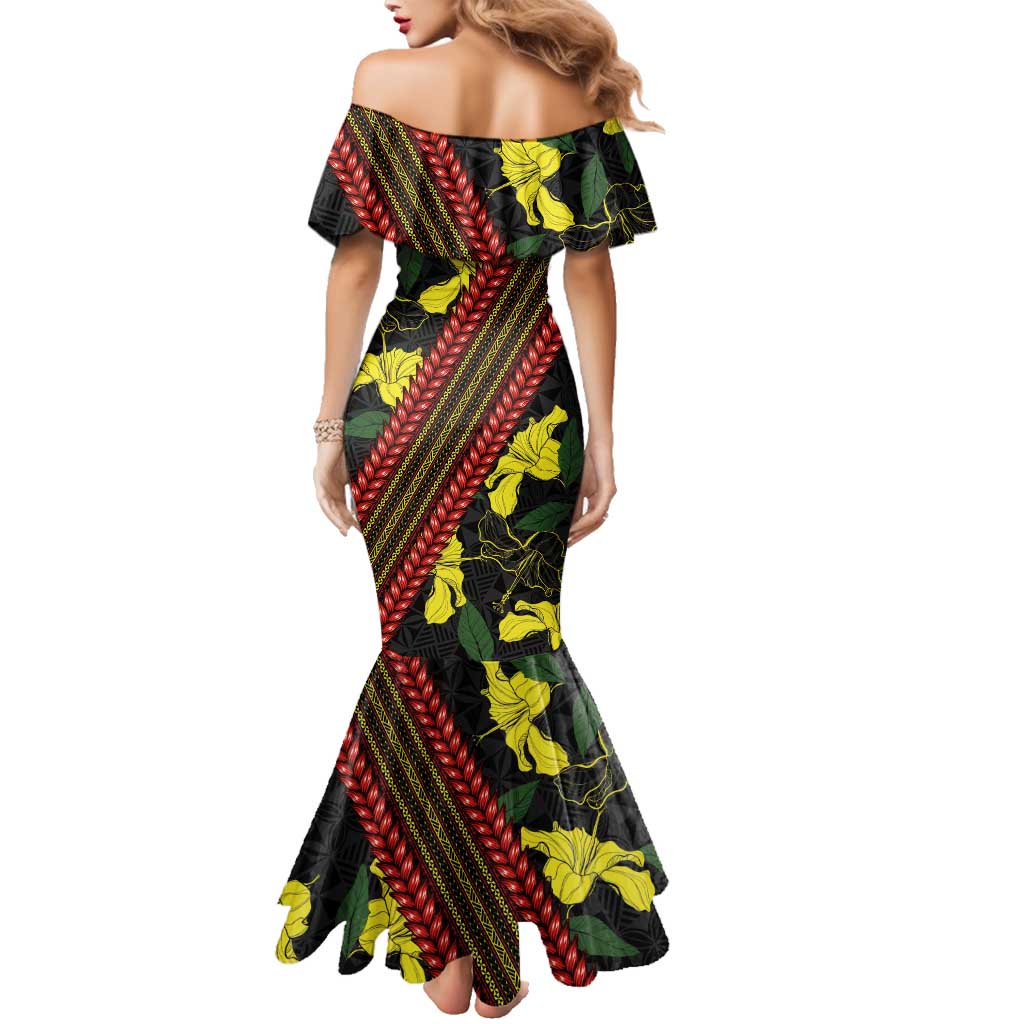 Samoan Culture Family Matching Mermaid Dress and Hawaiian Shirt Hibiscus and Ula Fala with Tapa Pattern Black Color LT03 - Polynesian Pride