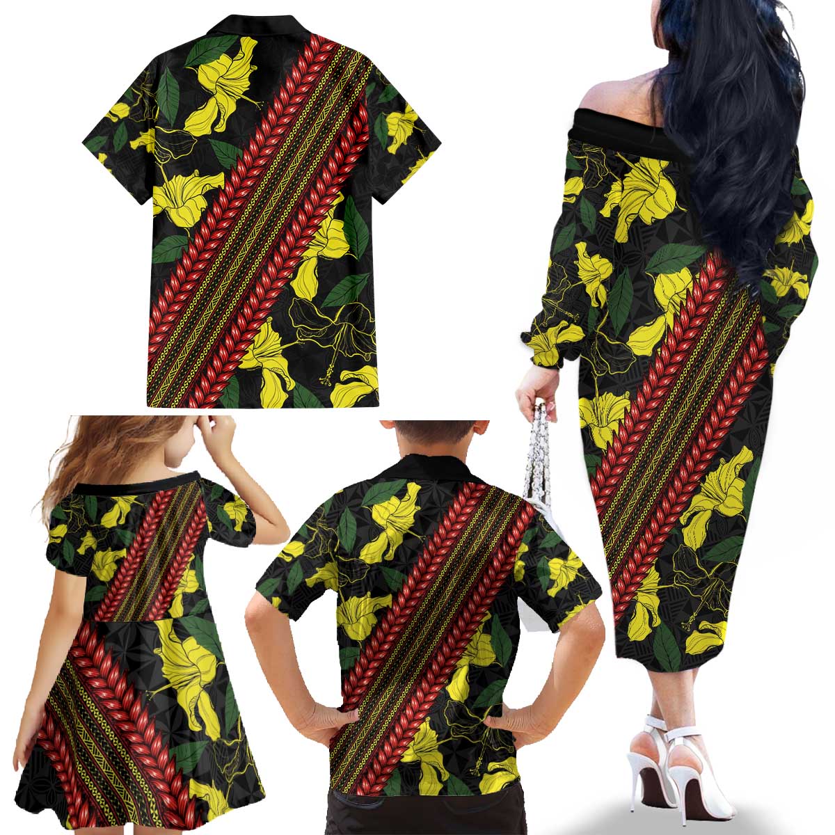 Samoan Culture Family Matching Off The Shoulder Long Sleeve Dress and Hawaiian Shirt Hibiscus and Ula Fala with Tapa Pattern Black Color LT03 - Polynesian Pride