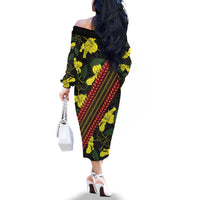 Samoan Culture Family Matching Off The Shoulder Long Sleeve Dress and Hawaiian Shirt Hibiscus and Ula Fala with Tapa Pattern Black Color LT03 - Polynesian Pride