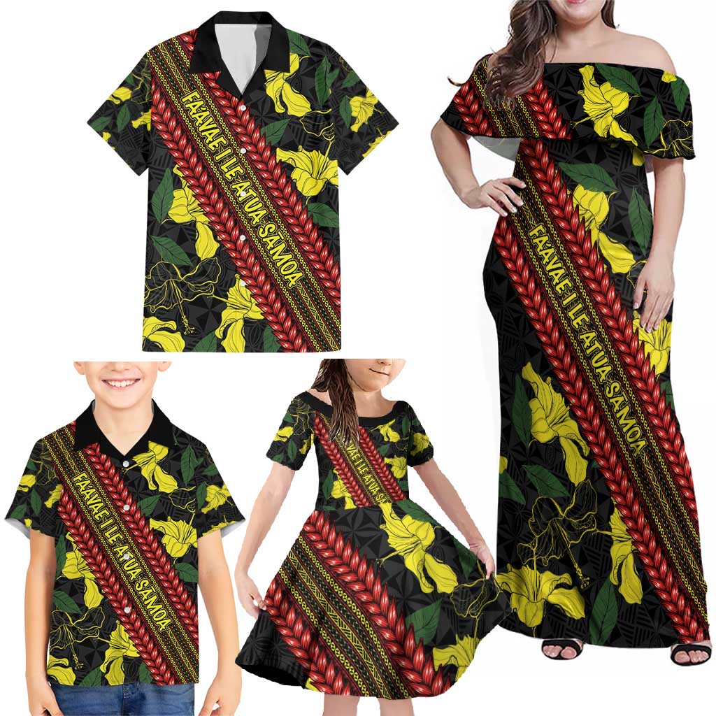 Samoan Culture Family Matching Off Shoulder Maxi Dress and Hawaiian Shirt Hibiscus and Ula Fala with Tapa Pattern Black Color LT03 - Polynesian Pride