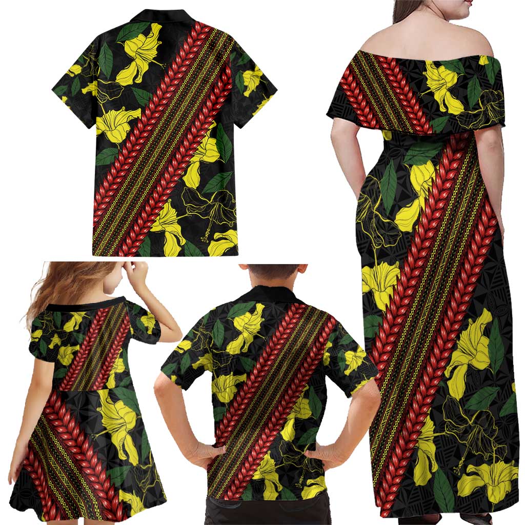 Samoan Culture Family Matching Off Shoulder Maxi Dress and Hawaiian Shirt Hibiscus and Ula Fala with Tapa Pattern Black Color LT03 - Polynesian Pride