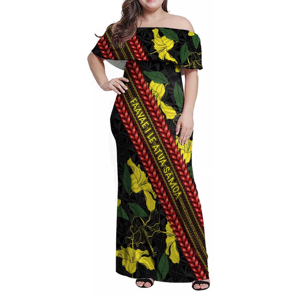 Samoan Culture Family Matching Off Shoulder Maxi Dress and Hawaiian Shirt Hibiscus and Ula Fala with Tapa Pattern Black Color LT03 Mom's Dress Black - Polynesian Pride
