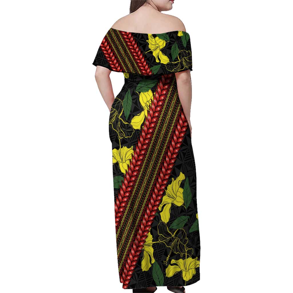 Samoan Culture Family Matching Off Shoulder Maxi Dress and Hawaiian Shirt Hibiscus and Ula Fala with Tapa Pattern Black Color LT03 - Polynesian Pride