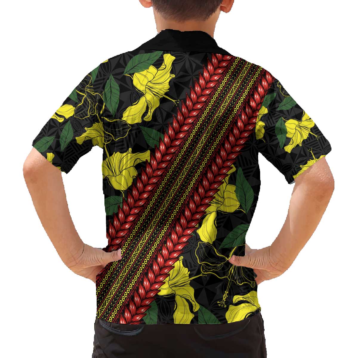 Samoan Culture Family Matching Off Shoulder Short Dress and Hawaiian Shirt Hibiscus and Ula Fala with Tapa Pattern Black Color LT03 - Polynesian Pride