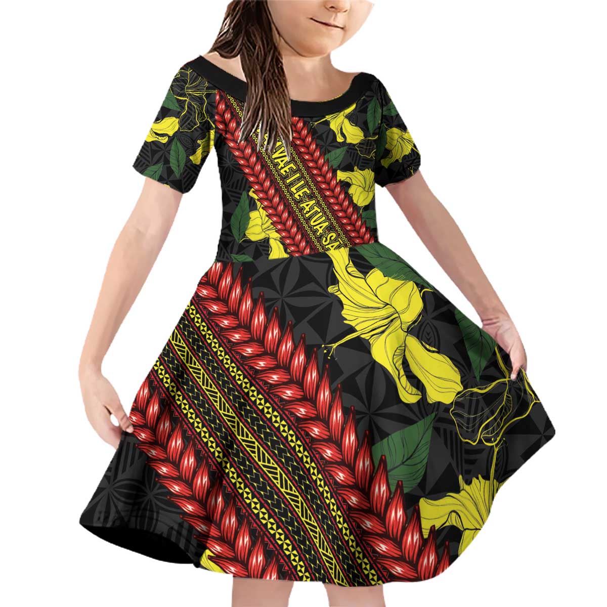 Samoan Culture Family Matching Off Shoulder Short Dress and Hawaiian Shirt Hibiscus and Ula Fala with Tapa Pattern Black Color LT03 Daughter's Dress Black - Polynesian Pride