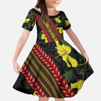 Samoan Culture Family Matching Puletasi and Hawaiian Shirt Hibiscus and Ula Fala with Tapa Pattern Black Color LT03 Daughter's Dress Black - Polynesian Pride