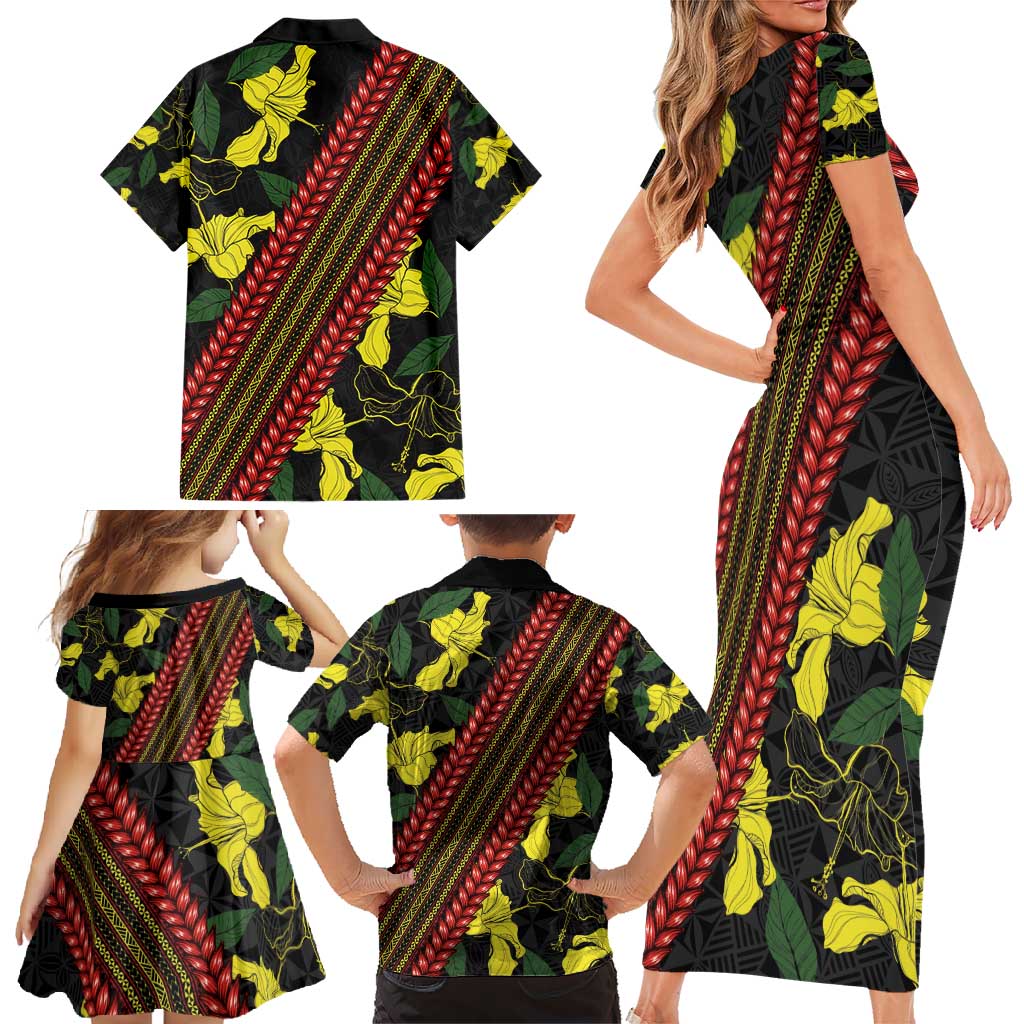 Samoan Culture Family Matching Short Sleeve Bodycon Dress and Hawaiian Shirt Hibiscus and Ula Fala with Tapa Pattern Black Color LT03 - Polynesian Pride