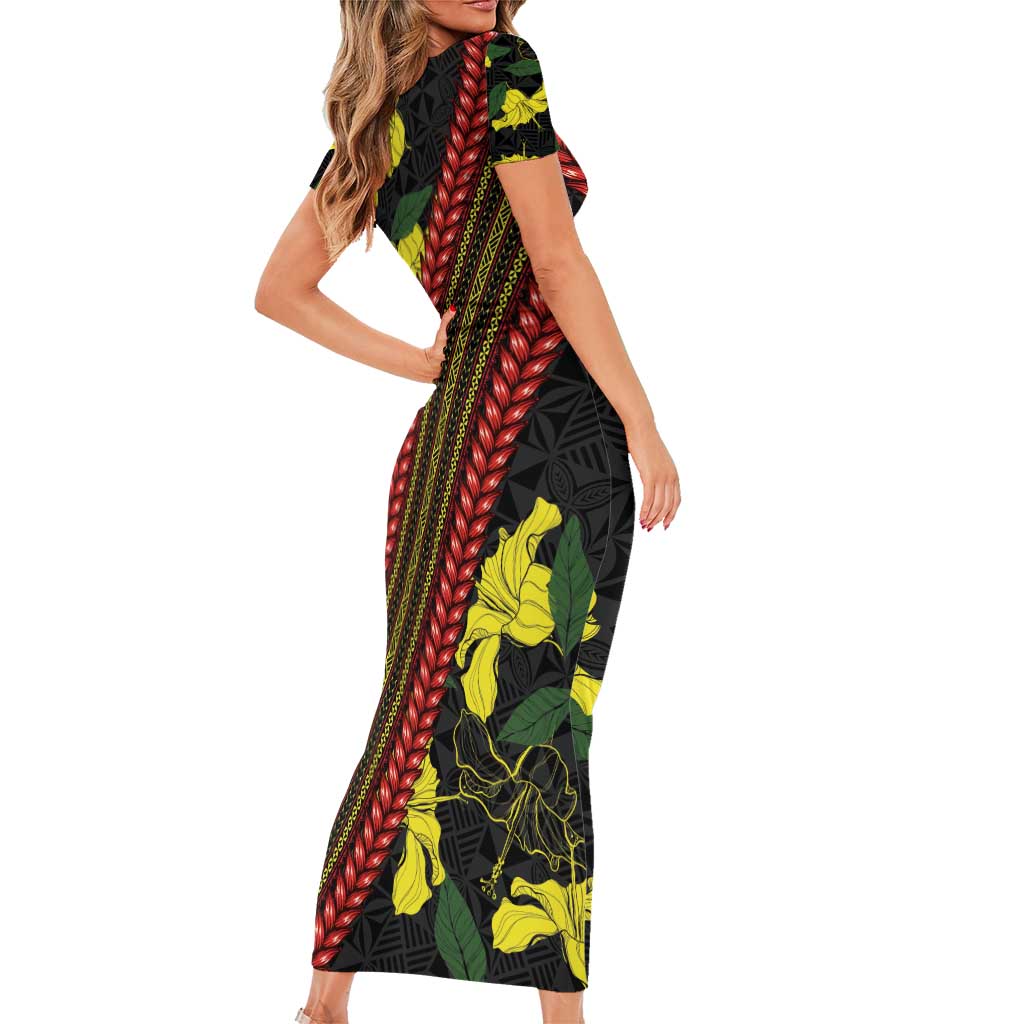 Samoan Culture Family Matching Short Sleeve Bodycon Dress and Hawaiian Shirt Hibiscus and Ula Fala with Tapa Pattern Black Color LT03 - Polynesian Pride
