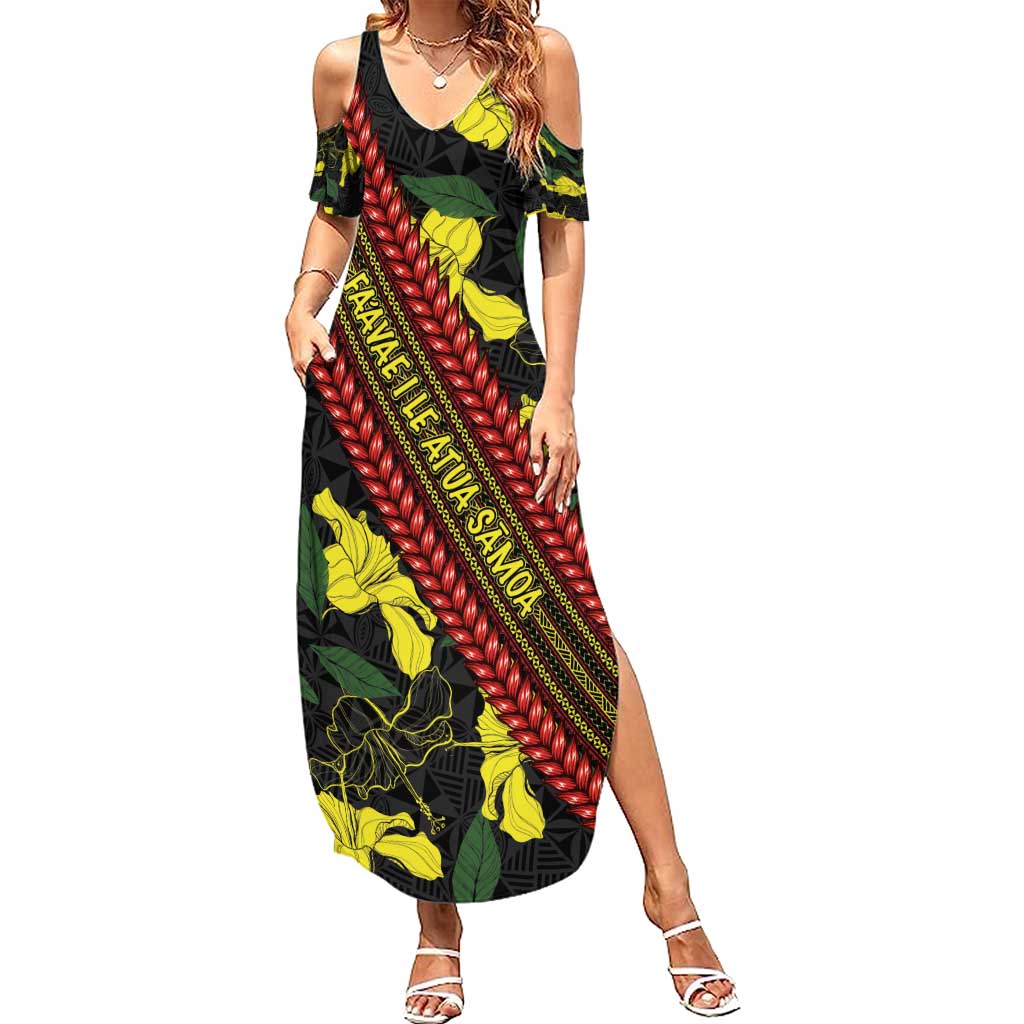 Samoan Culture Family Matching Summer Maxi Dress and Hawaiian Shirt Hibiscus and Ula Fala with Tapa Pattern Black Color LT03 Mom's Dress Black - Polynesian Pride