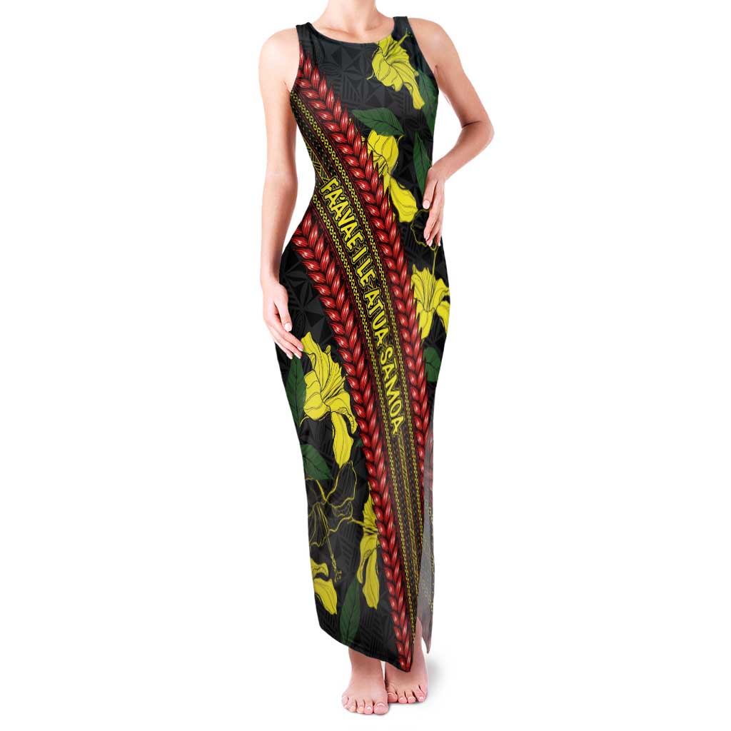 Samoan Culture Family Matching Tank Maxi Dress and Hawaiian Shirt Hibiscus and Ula Fala with Tapa Pattern Black Color LT03 Mom's Dress Black - Polynesian Pride