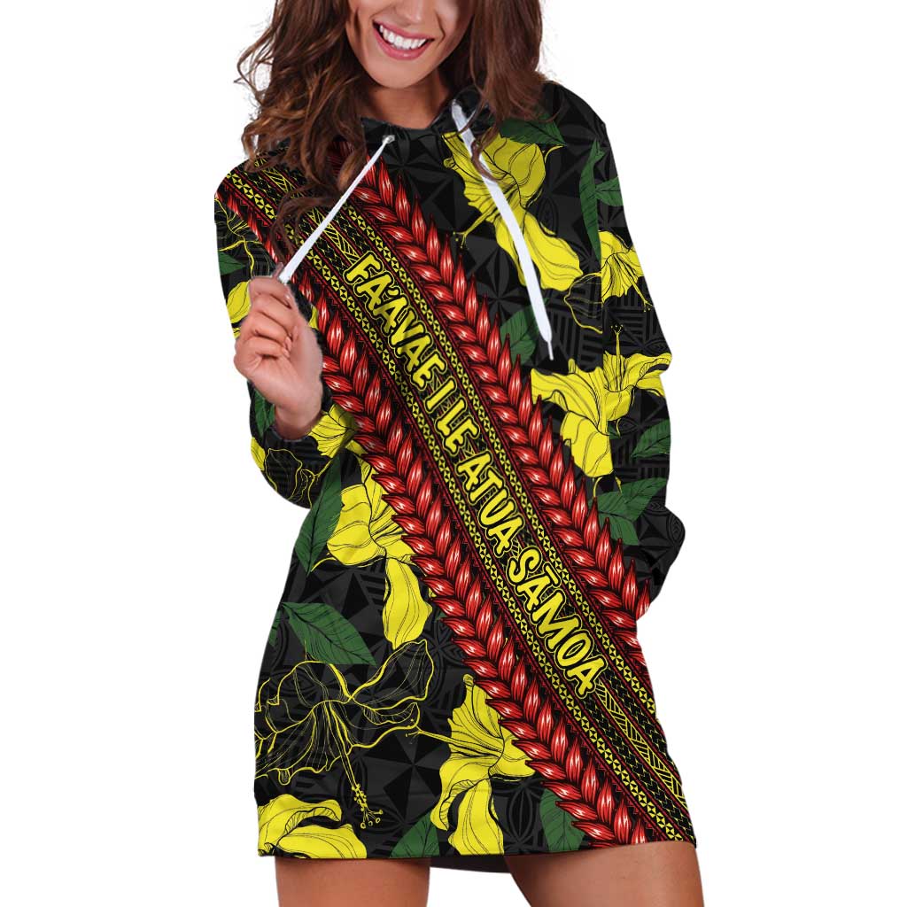 Samoan Culture Hoodie Dress Hibiscus and Ula Fala with Tapa Pattern Black Color LT03 Black - Polynesian Pride