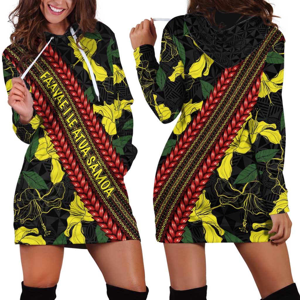 Samoan Culture Hoodie Dress Hibiscus and Ula Fala with Tapa Pattern Black Color LT03 - Polynesian Pride