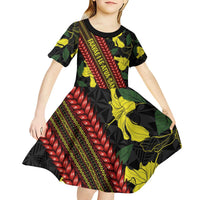 Samoan Culture Kid Short Sleeve Dress Hibiscus and Ula Fala with Tapa Pattern Black Color LT03 - Polynesian Pride