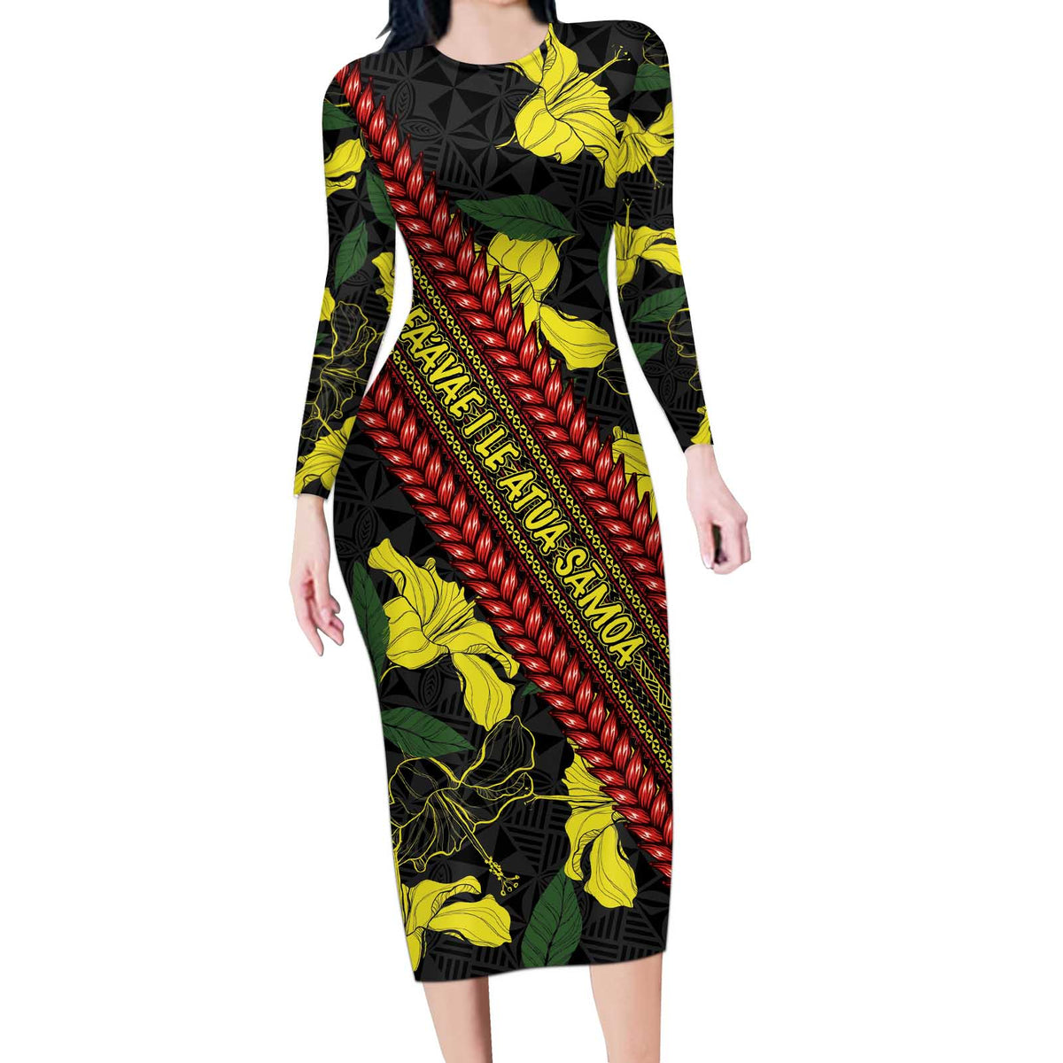 Samoan Culture Long Sleeve Bodycon Dress Hibiscus and Ula Fala with Tapa Pattern Black Color LT03 Long Dress Black - Polynesian Pride