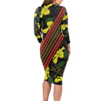 Samoan Culture Long Sleeve Bodycon Dress Hibiscus and Ula Fala with Tapa Pattern Black Color LT03 - Polynesian Pride