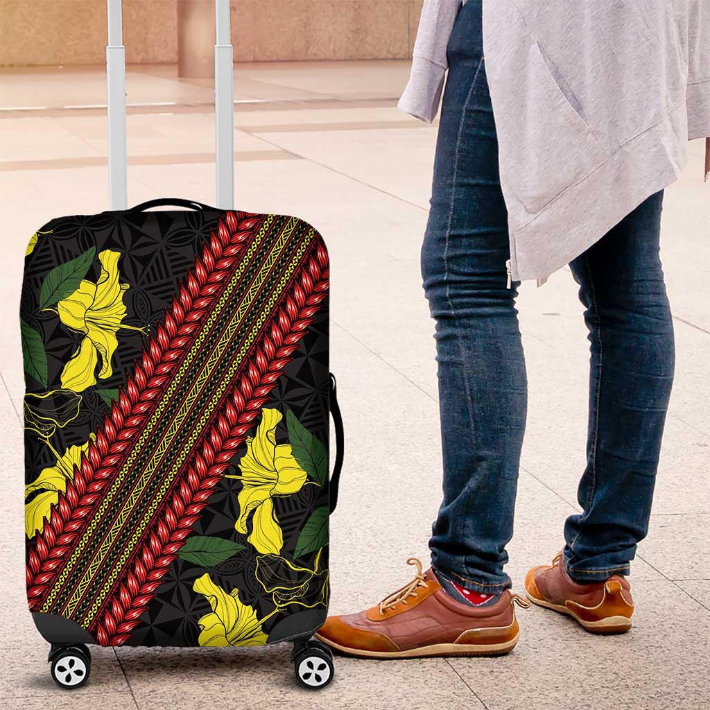 Samoan Culture Luggage Cover Hibiscus and Ula Fala with Tapa Pattern Black Color LT03 Black - Polynesian Pride