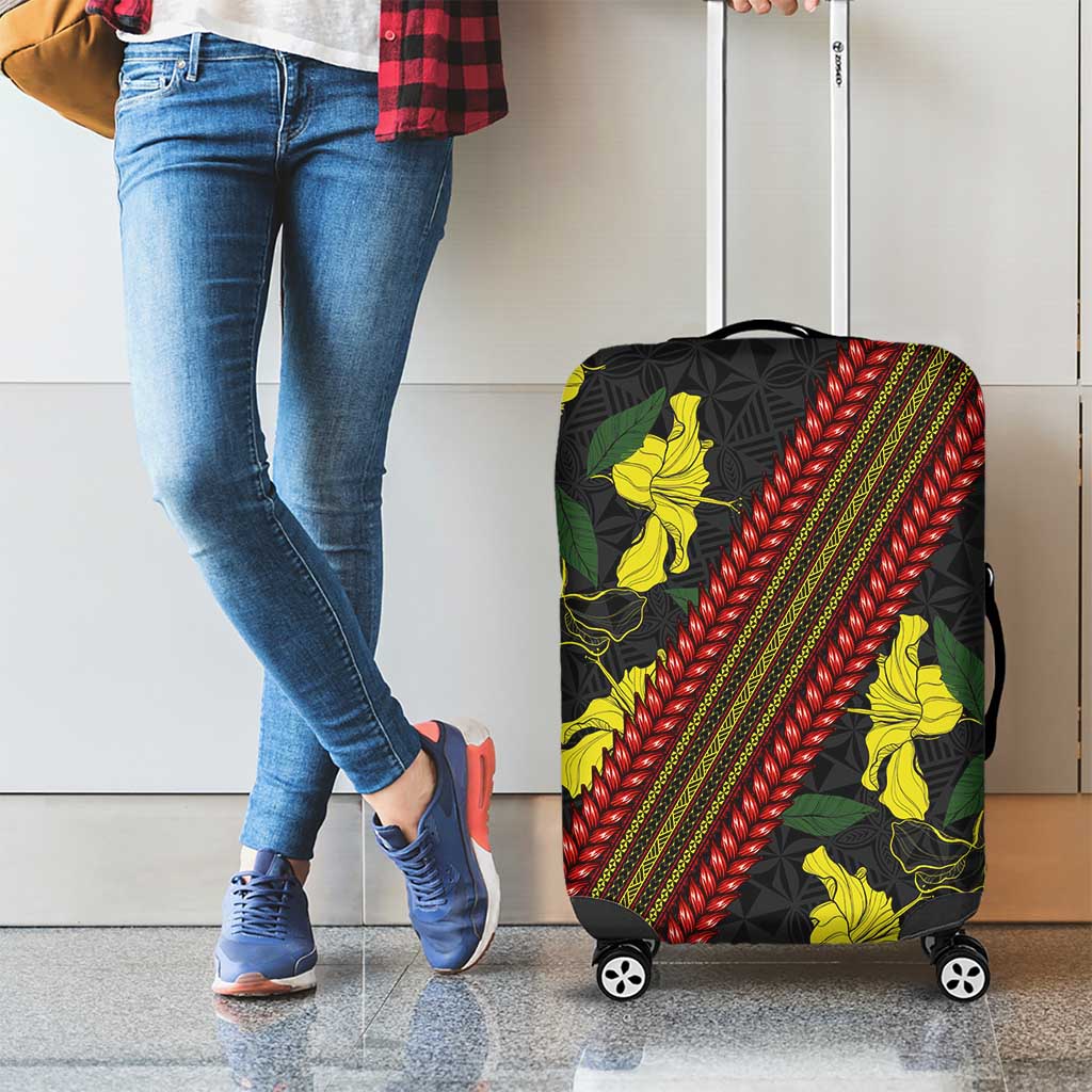Samoan Culture Luggage Cover Hibiscus and Ula Fala with Tapa Pattern Black Color LT03 - Polynesian Pride
