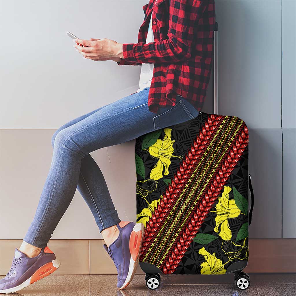 Samoan Culture Luggage Cover Hibiscus and Ula Fala with Tapa Pattern Black Color LT03 - Polynesian Pride