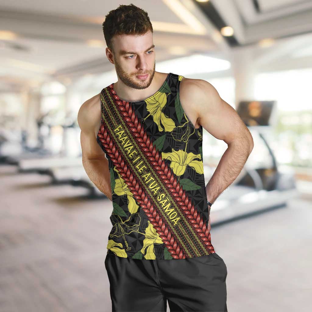 Samoan Culture Men Tank Top Hibiscus and Ula Fala with Tapa Pattern Black Color