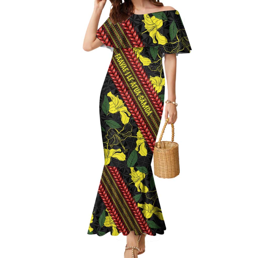 Samoan Culture Mermaid Dress Hibiscus and Ula Fala with Tapa Pattern Black Color LT03 Women Black - Polynesian Pride