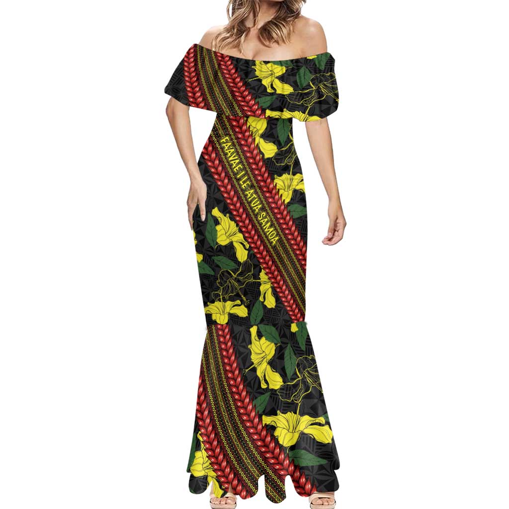 Samoan Culture Mermaid Dress Hibiscus and Ula Fala with Tapa Pattern Black Color LT03 - Polynesian Pride