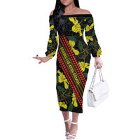 Samoan Culture Off The Shoulder Long Sleeve Dress Hibiscus and Ula Fala with Tapa Pattern Black Color LT03 Women Black - Polynesian Pride