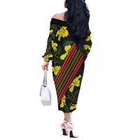 Samoan Culture Off The Shoulder Long Sleeve Dress Hibiscus and Ula Fala with Tapa Pattern Black Color LT03 - Polynesian Pride