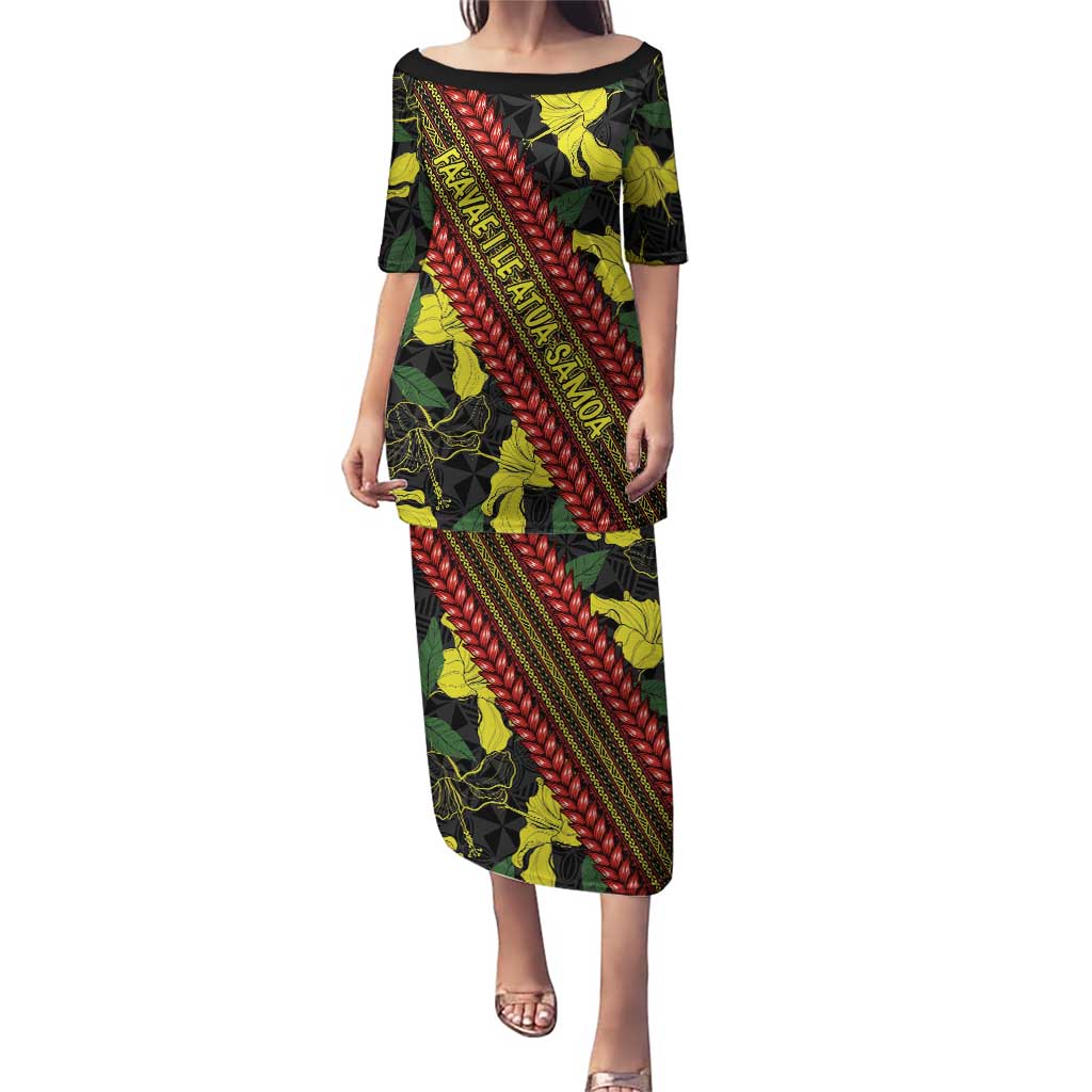 Samoan Culture Puletasi Hibiscus and Ula Fala with Tapa Pattern Black Color LT03 Long Dress Black - Polynesian Pride