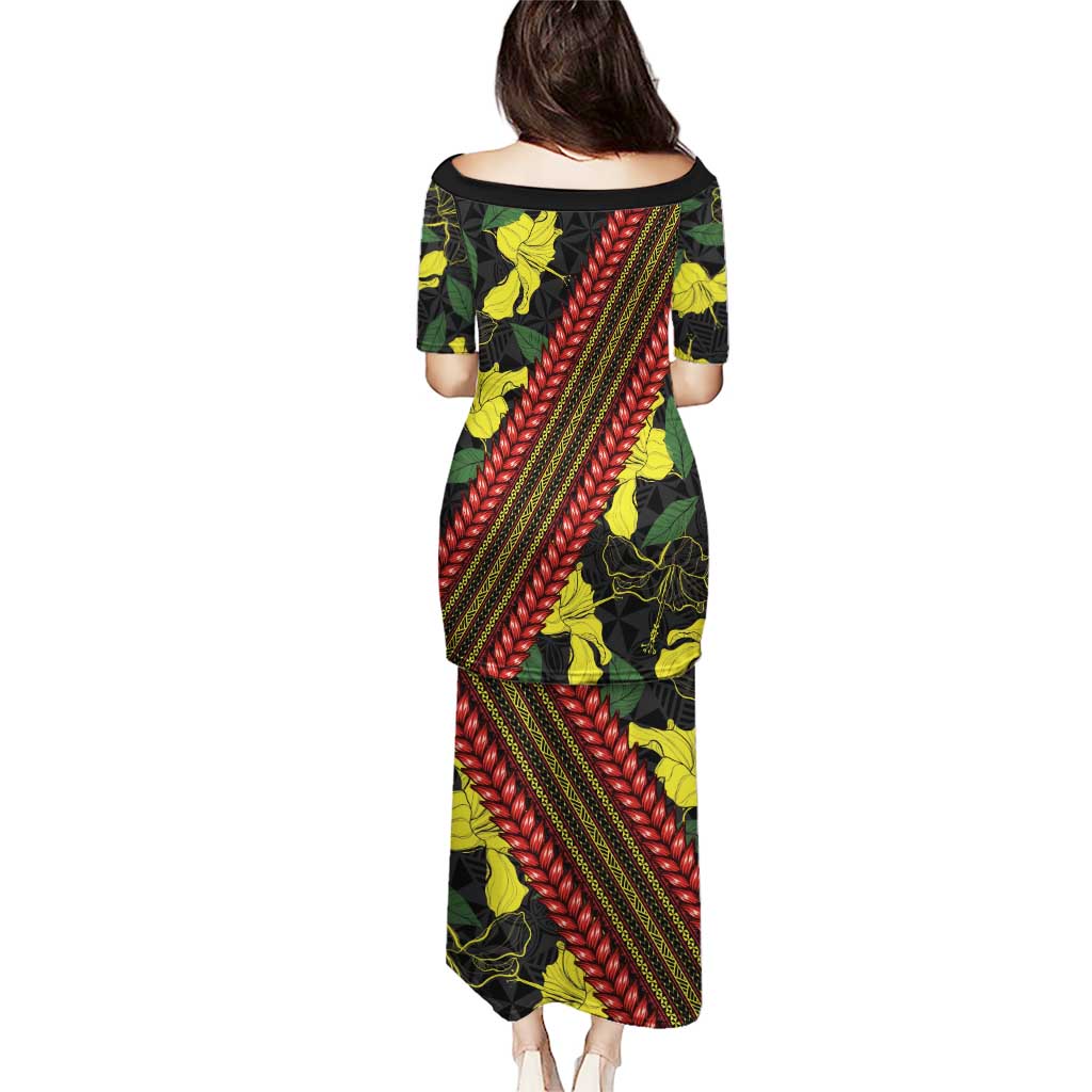 Samoan Culture Puletasi Hibiscus and Ula Fala with Tapa Pattern Black Color LT03 - Polynesian Pride