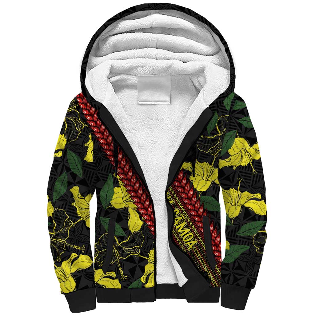Samoan Culture Sherpa Hoodie Hibiscus and Ula Fala with Tapa Pattern Black Color LT03 Unisex Black - Polynesian Pride