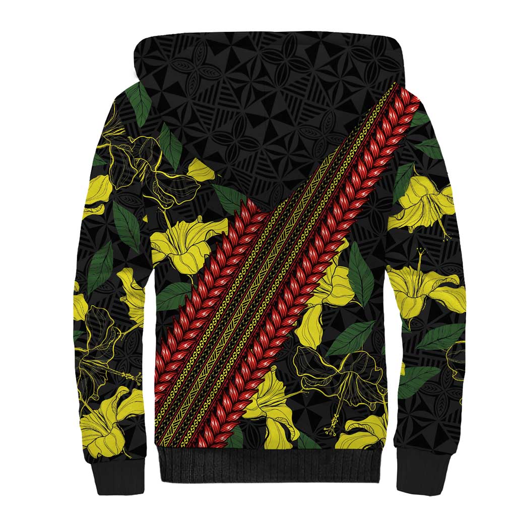 Samoan Culture Sherpa Hoodie Hibiscus and Ula Fala with Tapa Pattern Black Color LT03 - Polynesian Pride