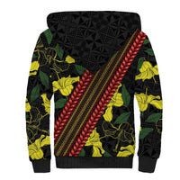 Samoan Culture Sherpa Hoodie Hibiscus and Ula Fala with Tapa Pattern Black Color LT03 - Polynesian Pride