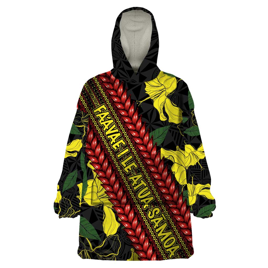 Samoan Culture Wearable Blanket Hoodie Hibiscus and Ula Fala with Tapa Pattern Black Color LT03 One Size Black - Polynesian Pride