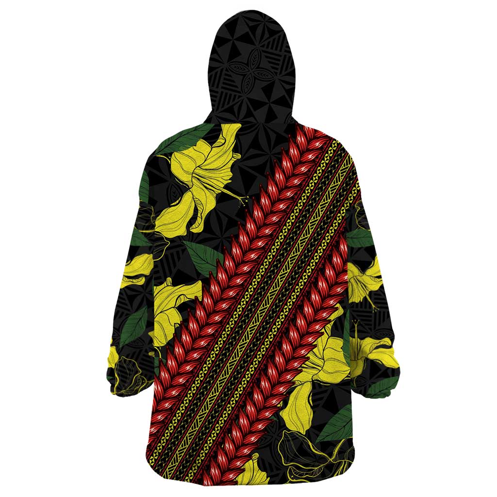 Samoan Culture Wearable Blanket Hoodie Hibiscus and Ula Fala with Tapa Pattern Black Color LT03 - Polynesian Pride