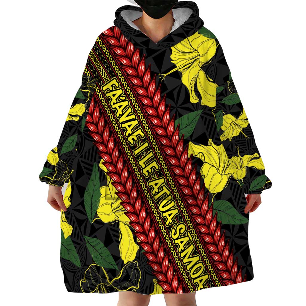 Samoan Culture Wearable Blanket Hoodie Hibiscus and Ula Fala with Tapa Pattern Black Color LT03 - Polynesian Pride