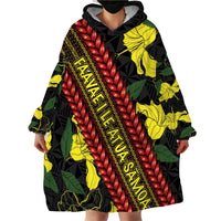 Samoan Culture Wearable Blanket Hoodie Hibiscus and Ula Fala with Tapa Pattern Black Color LT03 - Polynesian Pride