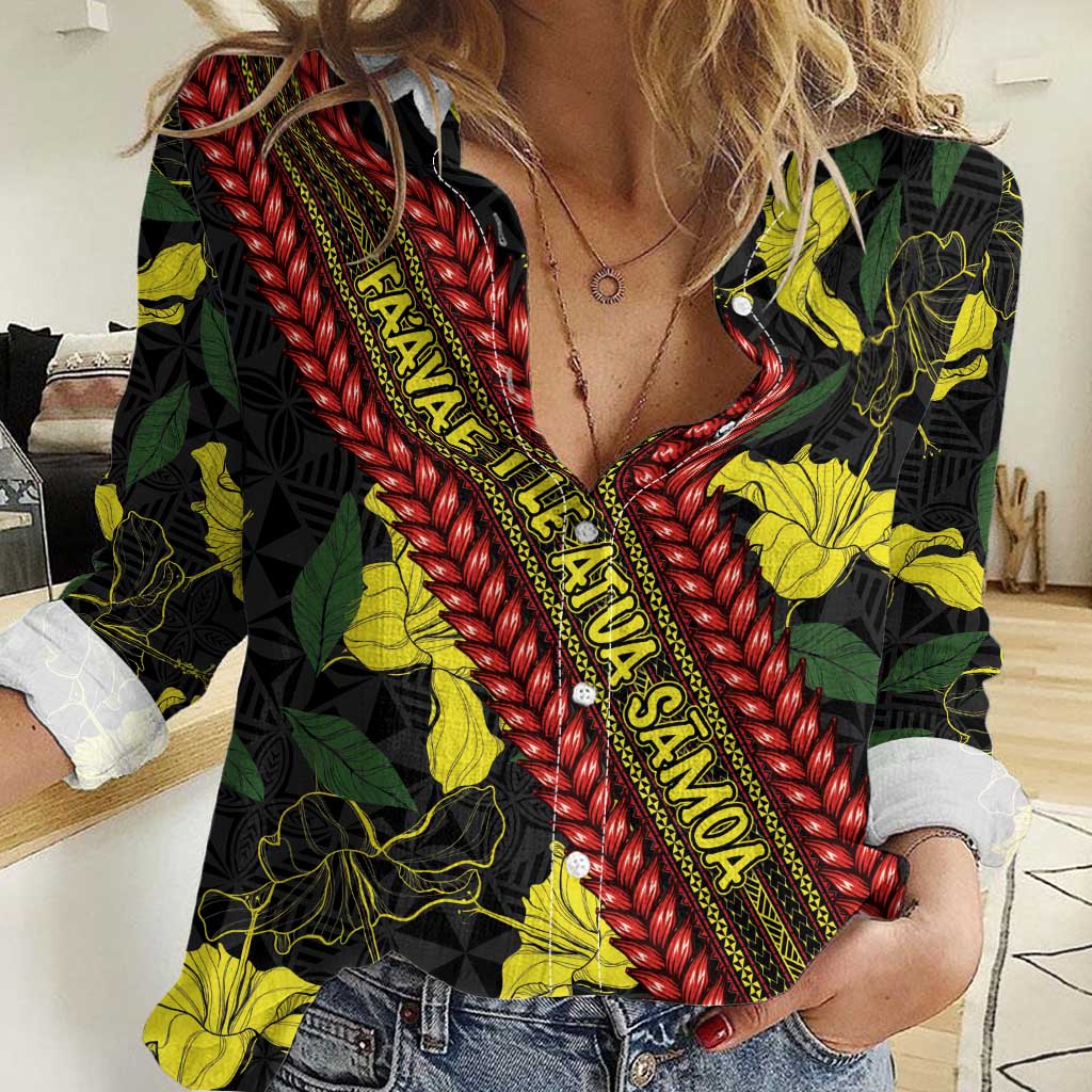Samoan Culture Women Casual Shirt Hibiscus and Ula Fala with Tapa Pattern Black Color LT03 Female Black - Polynesian Pride